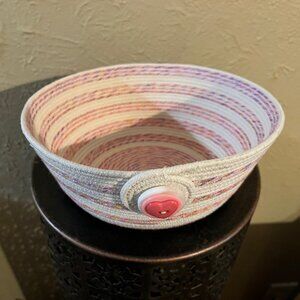Handmade Ivory Pink Striped Rope Bowl Basket 4 Baby/Kitchen Items Makeup Remotes